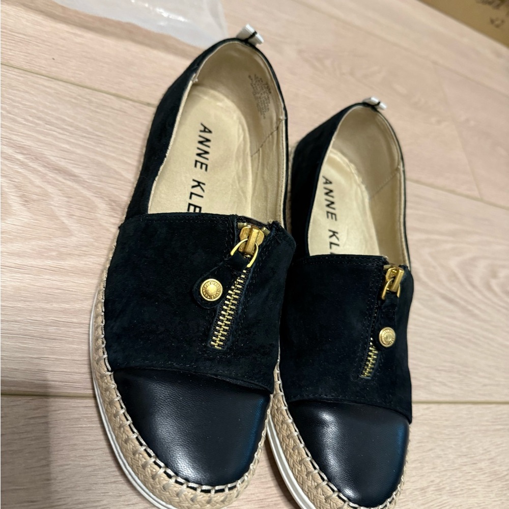 Anne Klein Black Suede & Leather Slip-On Espadrilles with Gold Hardware